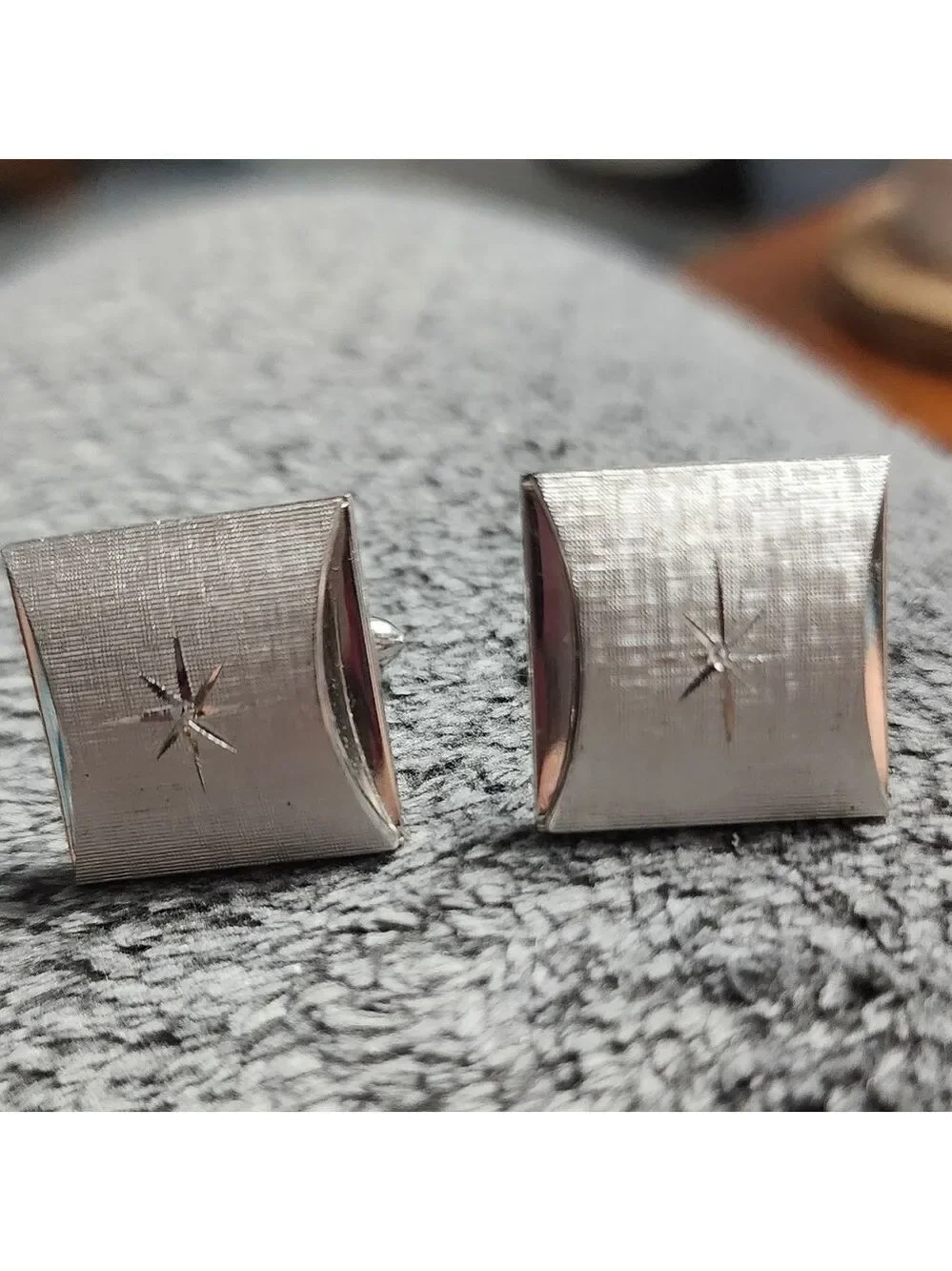 Swank Silvertone Brushed CuffLinks with Etched Starburst & Tie Clip Set- Vintage